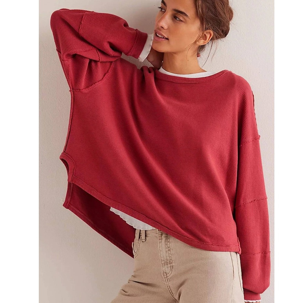Free People Cotton Blend Waffle Knit Pullover Large Dark Orange‎ New With Tags